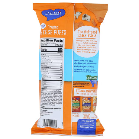 Barbara's Cheese Puffs packaging with nutritional information and branding details.