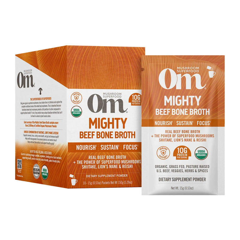 Om Bone Broth Mighty Beef Broth (Pack of 10-0.53 Oz) - Cozy Farm 