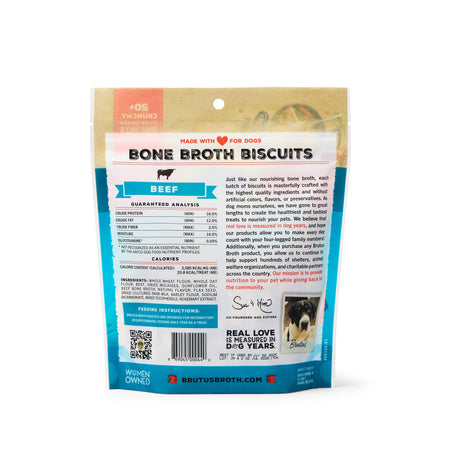 Package of Bone Broth Biscuits for dogs with text and branding on a white background