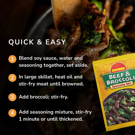 Beef and broccoli dish with cooking instructions and Sunbird seasoning mix packaging.