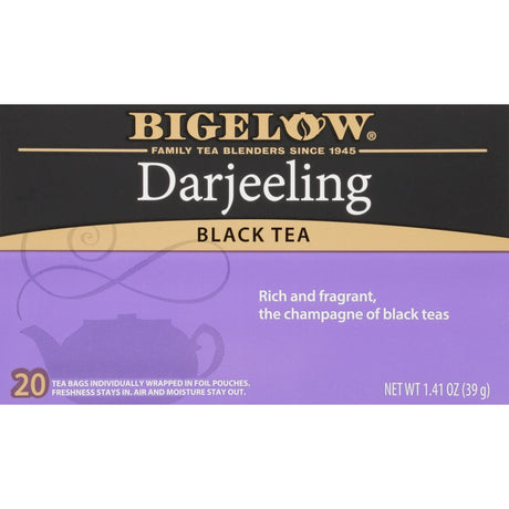 Bigelow Darjeeling Black Tea packaging on a white background