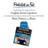 Bigelow English Teatime tea bag packaging with text about foil wrapping.