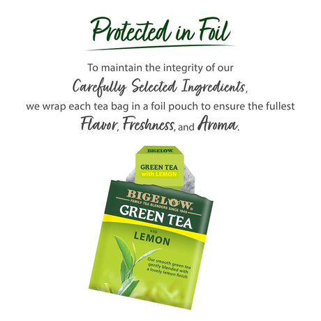 Bigelow Green Tea with Lemon package on a white background with text about tea packaging.