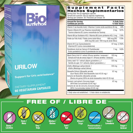 Bio Nutrition URILOW supplement packaging with label and ingredients list on a leafy background