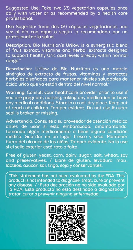 Bio Nutrition Urilow Vegetarian Capsules label with text and QR code on a blue background