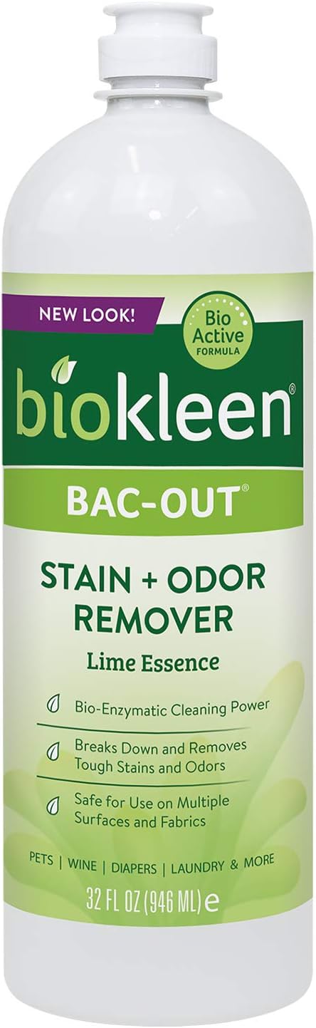 Biokleen Bac-Out stain and odor remover bottle with lime essence scent on a white background