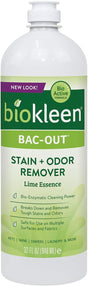 Biokleen Bac-Out stain and odor remover bottle with lime essence scent on a white background