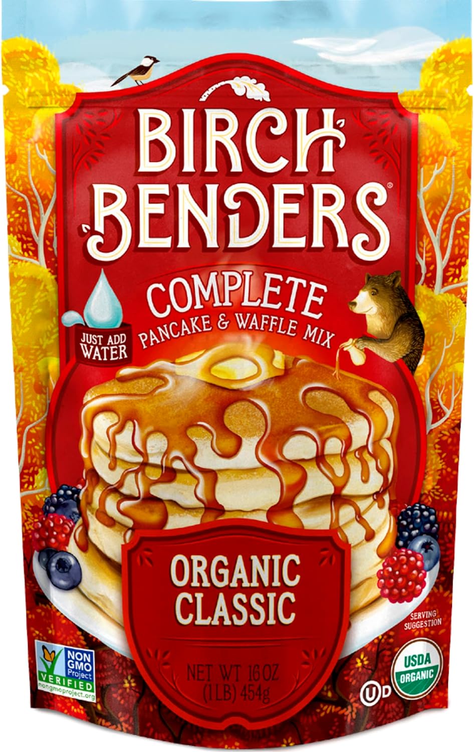 Birch Benders Complete Pancake & Waffle Mix Classic with autumn leaves in the background