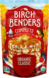 Birch Benders Complete Pancake & Waffle Mix Classic with autumn leaves in the background