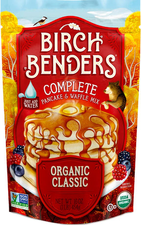 Birch Benders Complete Pancake & Waffle Mix Classic with autumn leaves in the background
