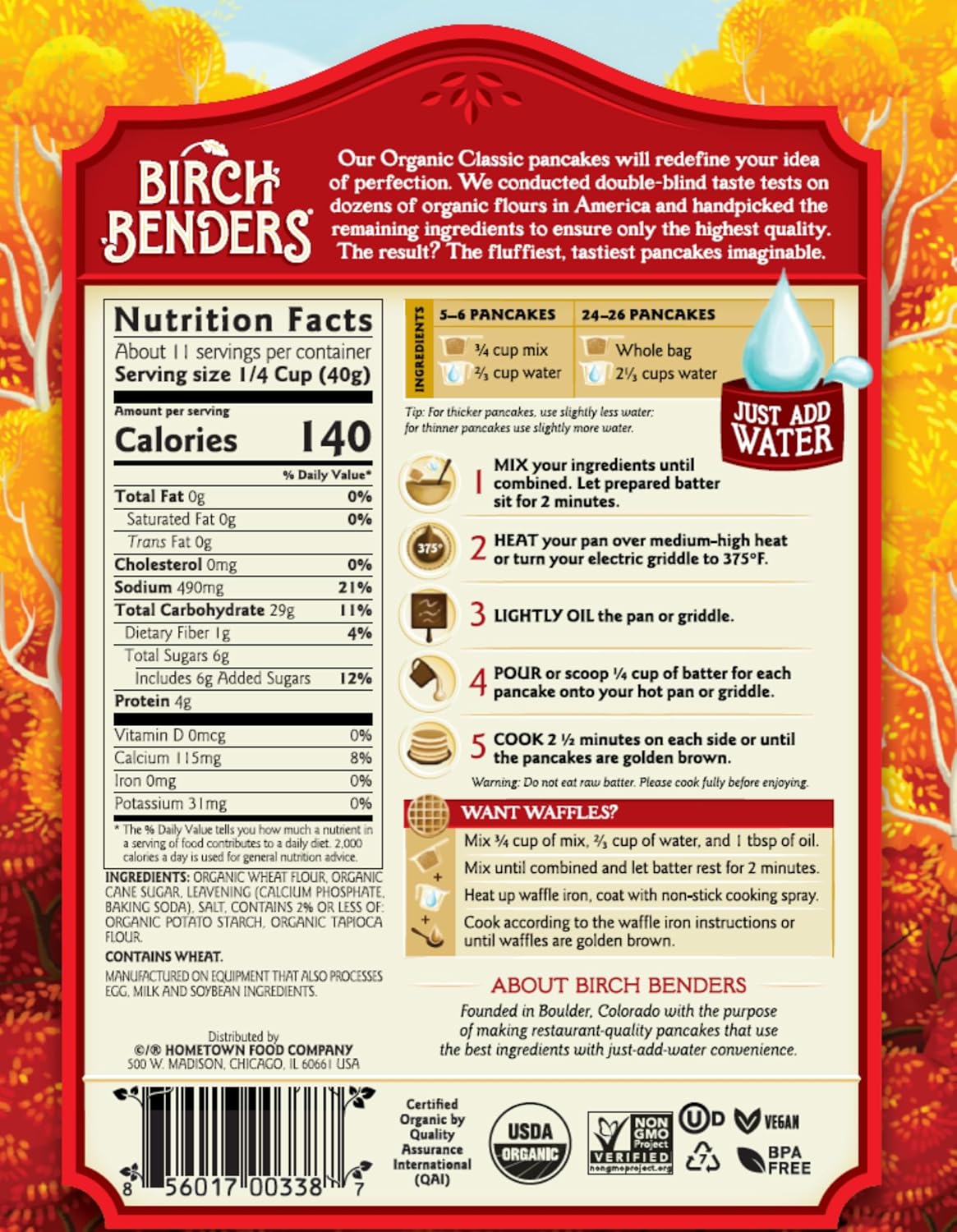 Birch Benders pancake mix classic packaging with nutrition facts and cooking instructions.