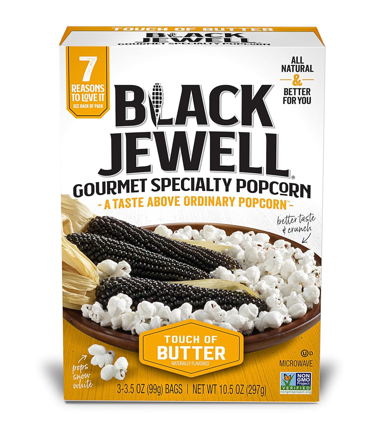 Black Jewell gourmet specialty popcorn packaging with black and white popcorn on a wooden board.
