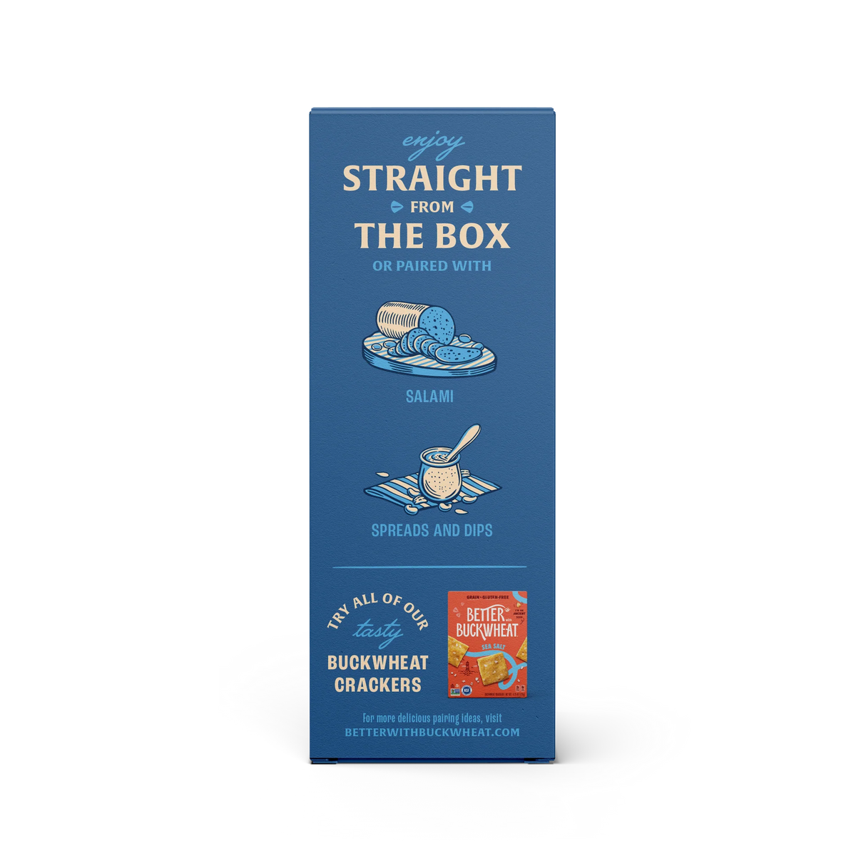 Blue box of buckwheat crackers with text and a smaller red box on a white background
