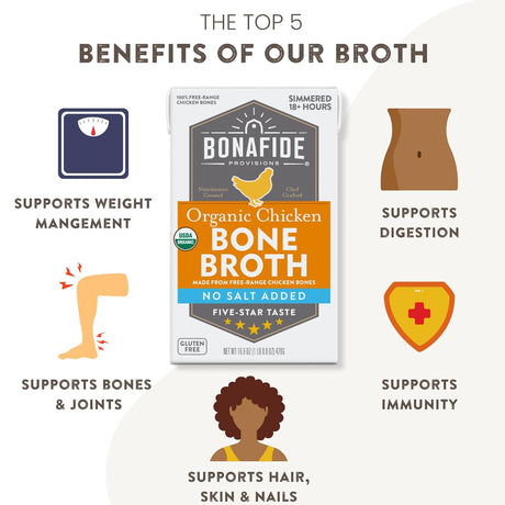Bonafide Provisions Organic Chicken Bone Broth packaging with health benefits listed on a white background