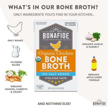 Bonafide Provisions Organic Chicken Bone Broth packaging with ingredients listed on a white background