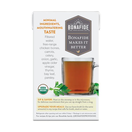 Bonafide Provisions bone broth packaging with a glass of broth on a white background