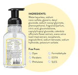Bottle of J.R. Watkins Lemon Foaming Hand Soap, 9 oz., Pack of 3 with a list of ingredients and free-from declarations on a white background