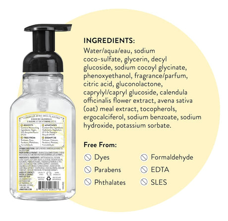 Bottle of J.R. Watkins Lemon Foaming Hand Soap, 9 oz., Pack of 3 with a list of ingredients and free-from declarations on a white background