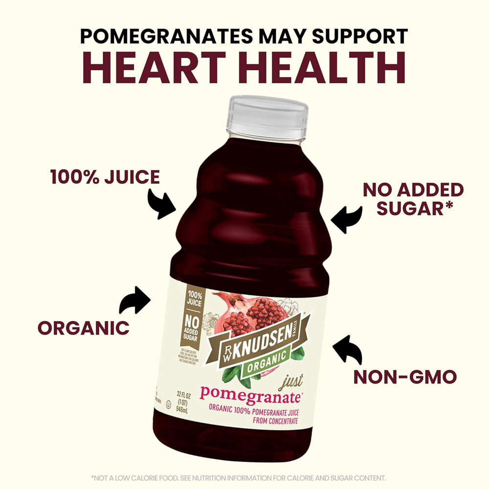 Bottle of Knudsen Organic Pomegranate Juice with health benefits text on a white background