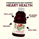 Bottle of Knudsen Organic Pomegranate Juice with health benefits text on a white background