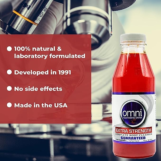 Bottle of Omni Cleansing Drink with product features on a red background