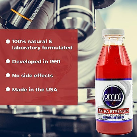 Bottle of Omni Cleansing Drink with product features on a red background