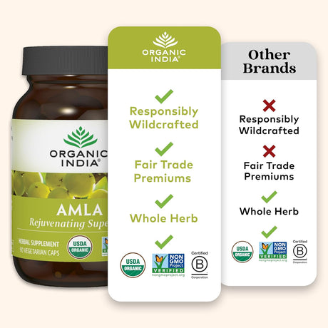 Bottle of Organic India AMLA supplement with certification labels on a white background