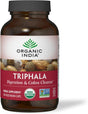 Bottle of Organic India Triphala supplement on a white background