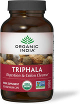 Bottle of Organic India Triphala supplement on a white background