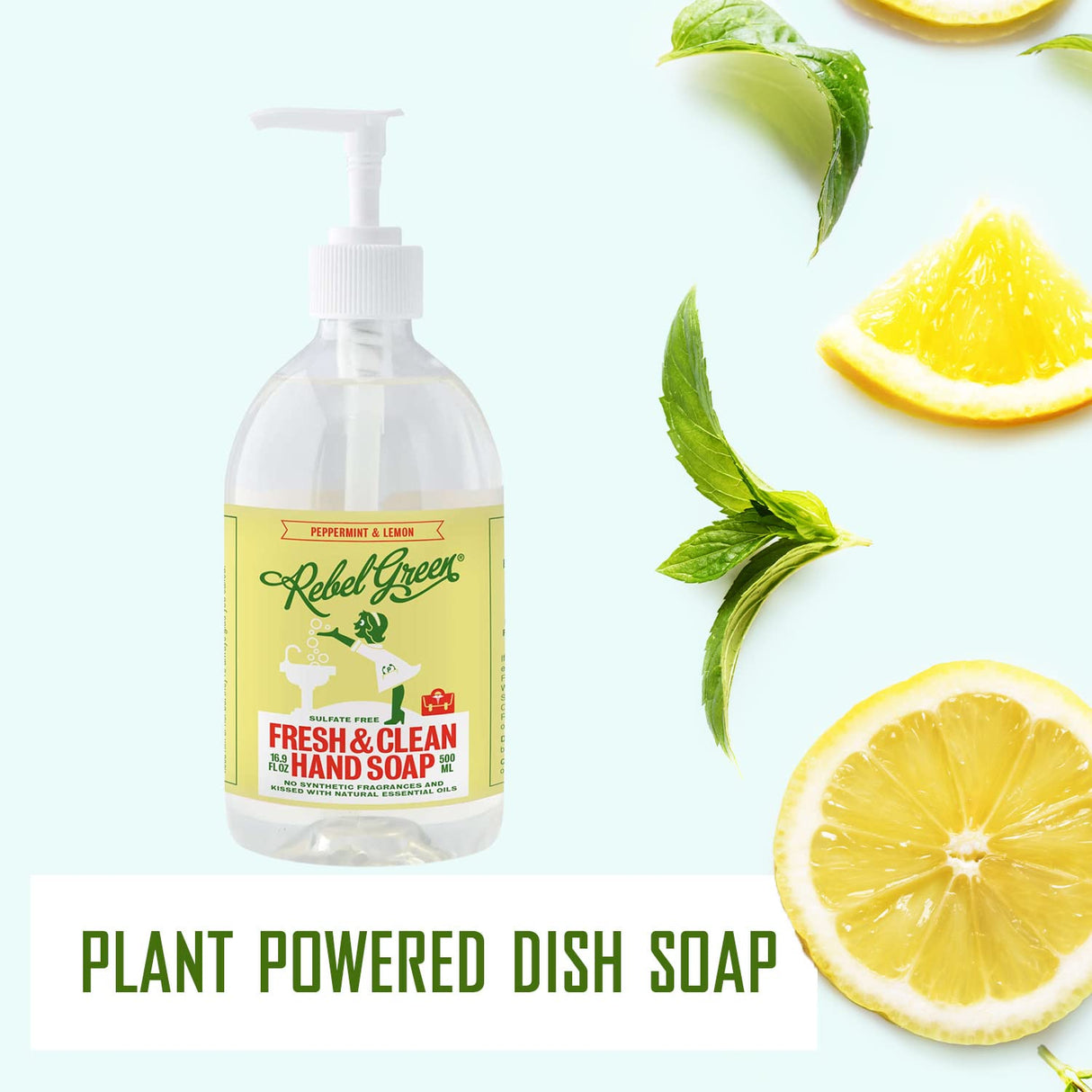 Bottle of Rebel Green dish soap with lemons and mint leaves on a light background