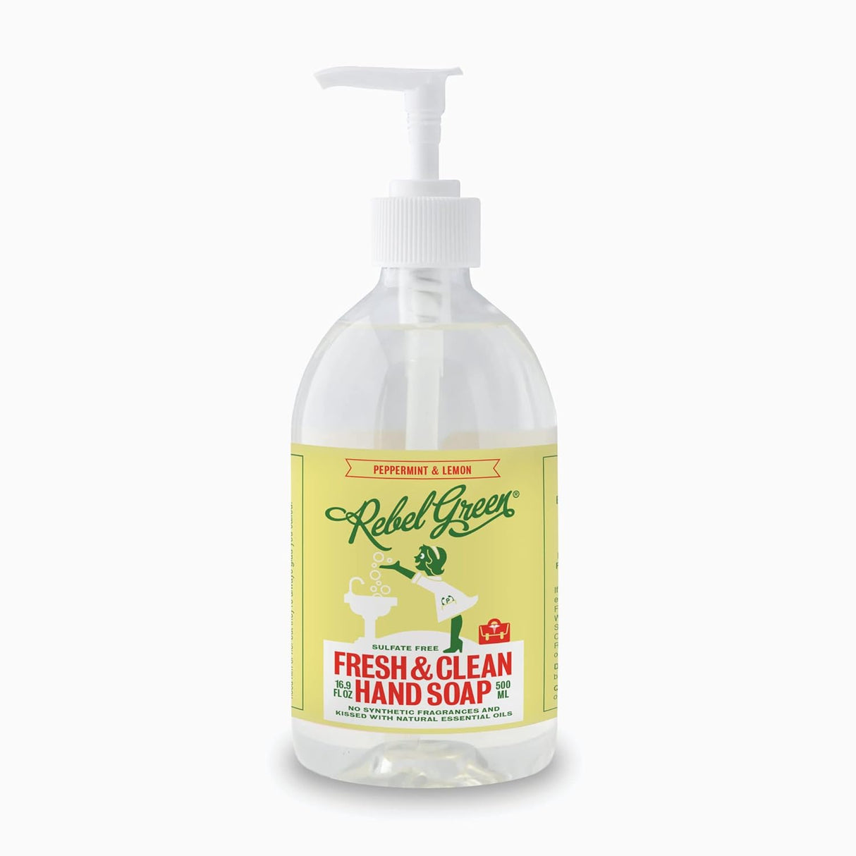 Bottle of Rebel Green hand soap with pump on a white background