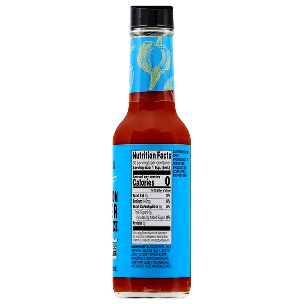 Bottle of hot sauce with a blue label on a white background