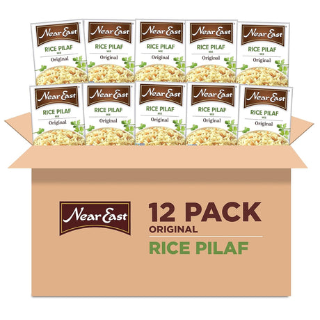 Box of 12 packs of Near East Original Rice Pilaf on a white background