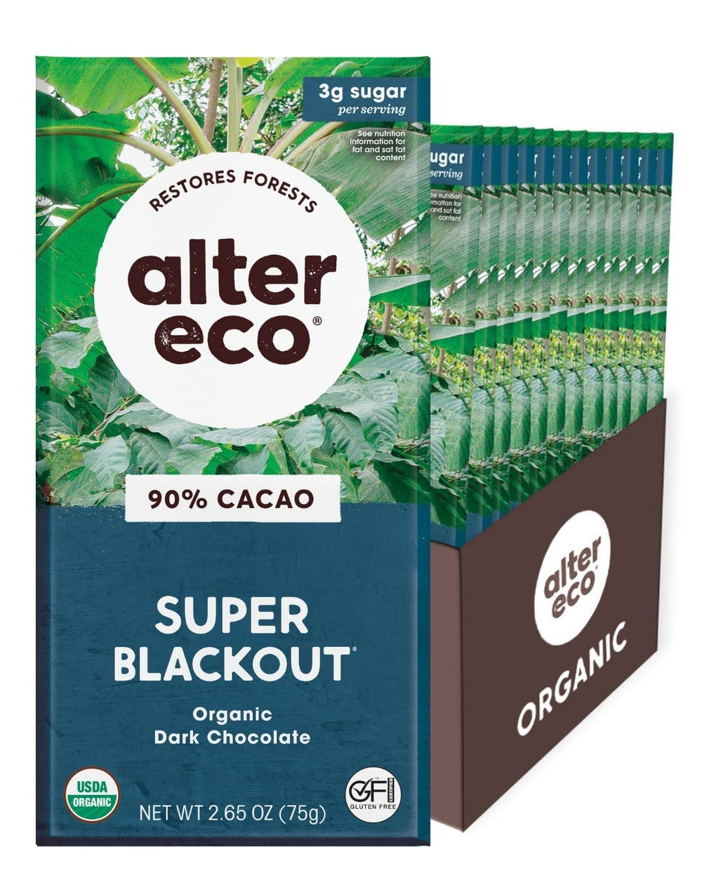 Box of Alter Eco Super Blackout dark chocolate with packaging details.
