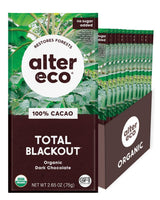 Box of Alter Eco Total Blackout Organic Dark Chocolate with packaging details.