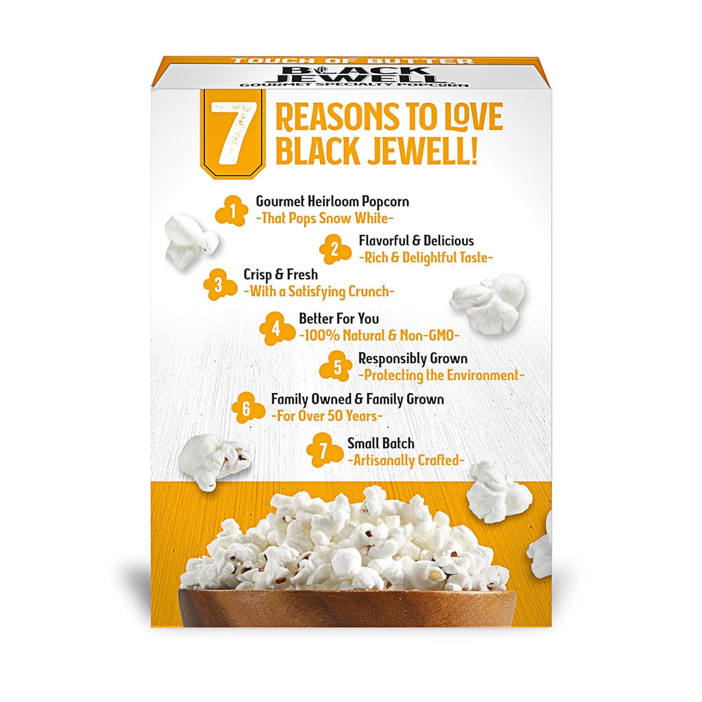 Box of Black Jewell popcorn with text highlighting reasons to love it