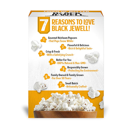 Box of Black Jewell popcorn with text highlighting reasons to love it