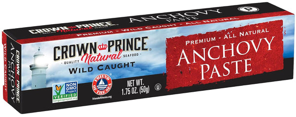 Box of Crown Prince Anchovy Paste with branding and product details.