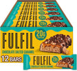 Box of Fulfil Chocolate Salted Caramel protein bars with a close-up of a bar on a white background.