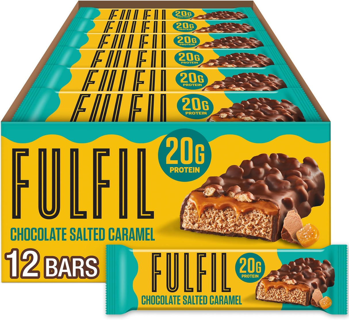 Box of Fulfil Chocolate Salted Caramel protein bars with a close-up of a bar on a white background.