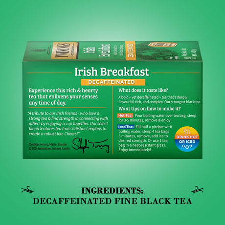 Box of Irish Breakfast Decaffeinated tea on a green background