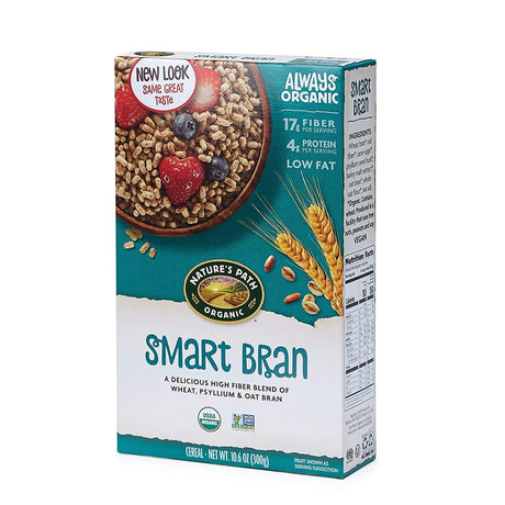 Box of Nature's Path Smart Bran cereal with a bowl of cereal and berries on a white background