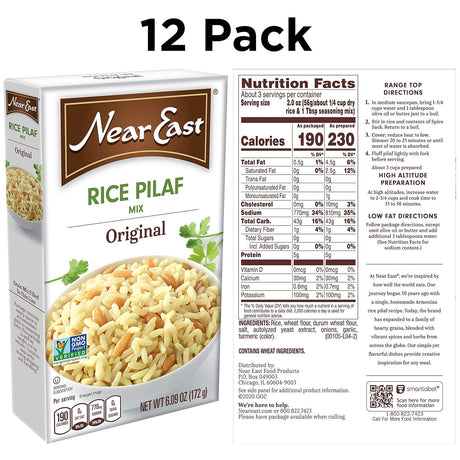 Box of Near East Rice Pilaf Mix with nutrition label and ingredients list on a white background