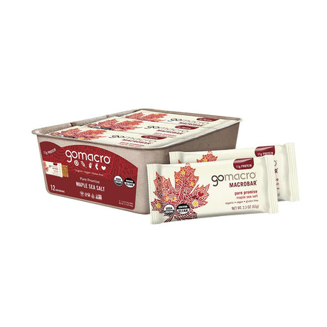 Box of gomacro maple sea salt macrobars on a white background