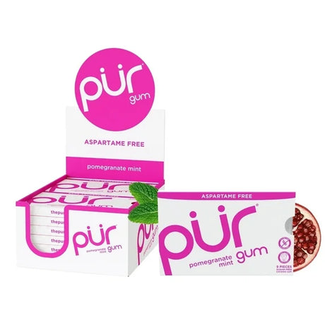 Box of pur gum with pomegranate mint flavor on a white background