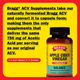 Bragg Apple Cider Vinegar supplement bottle with text about ACV on a yellow and red background