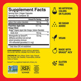 Bragg Apple Cider Vinegar supplement  Supplement label with facts and certification logos on a yellow and red background