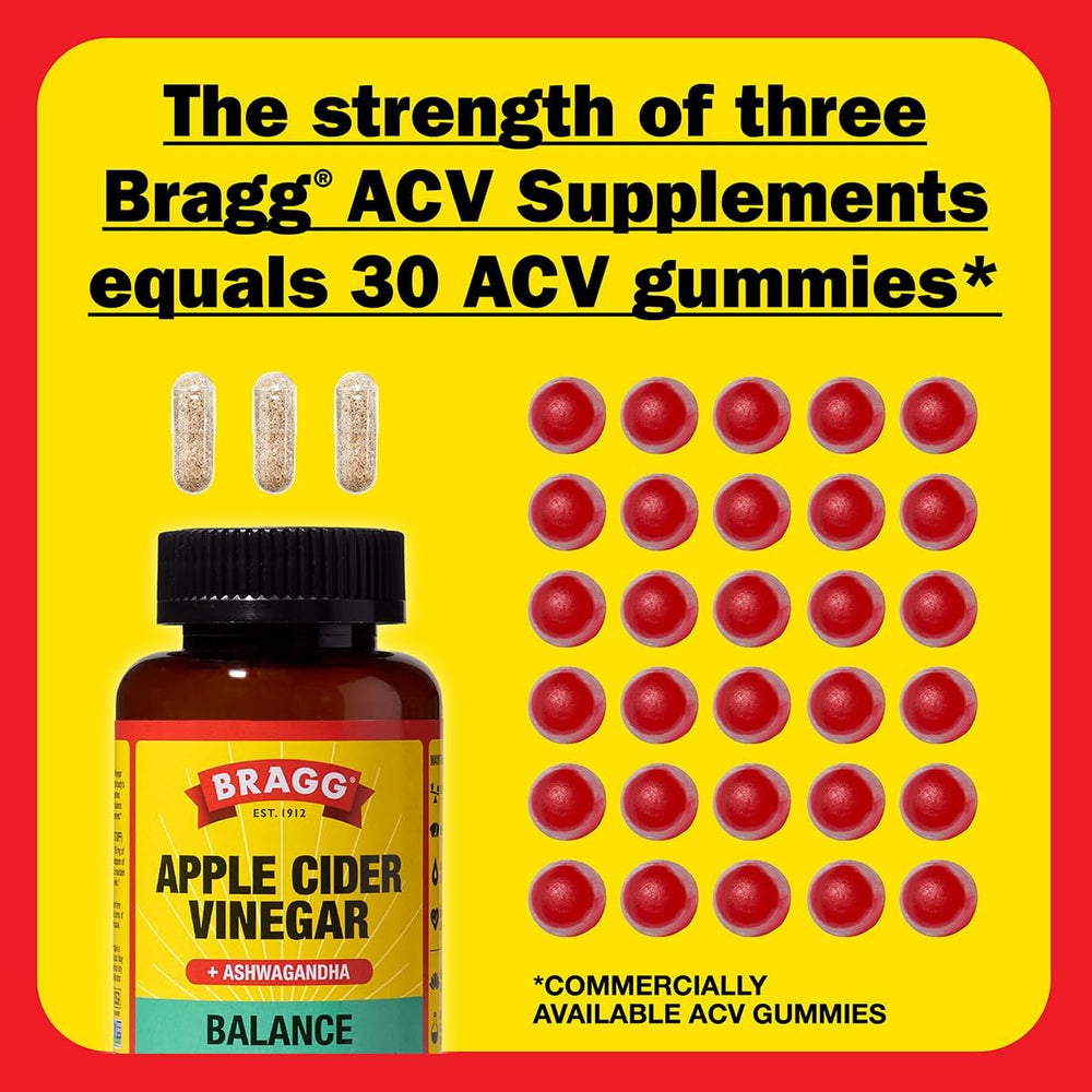 Bragg Apple Cider Vinegar supplement vs ACV gummies on a yellow and red background