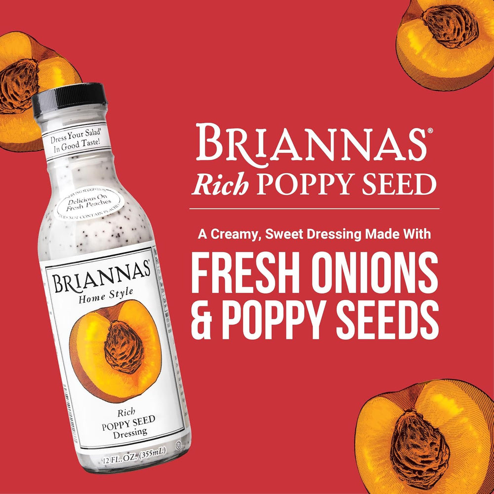 Briannas Rich Poppy Seed dressing bottle with packaging details on a red background
