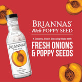 Briannas Rich Poppy Seed dressing bottle with packaging details on a red background